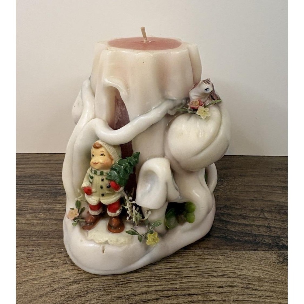 Vintage Wax Sculpted 6" Candle Tree Stump Child W Christmas Tree Kitty Cat